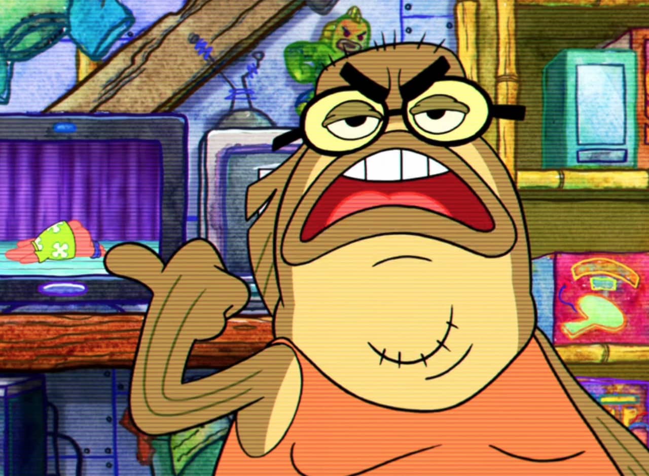 Bubble Bass pointing at a shot of Patrick Star