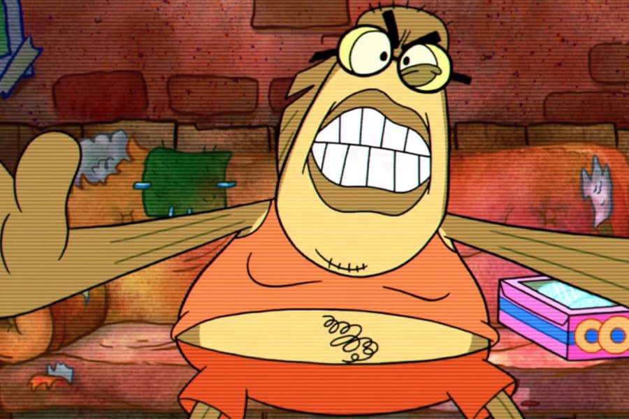 Bubble Bass angrily grabbing the camera from his couch