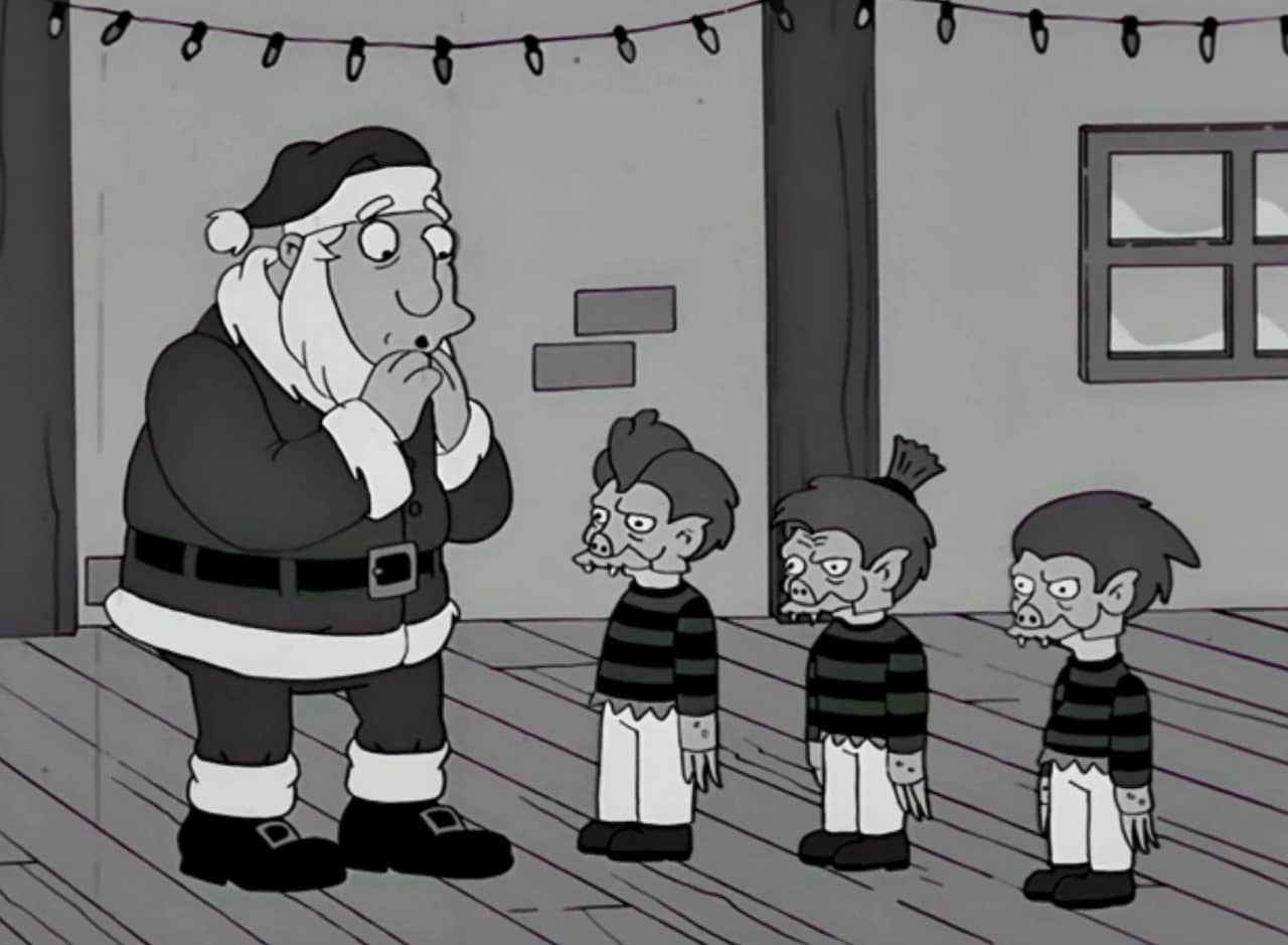 three goblins in striped shirts stand next to a concerned Santa