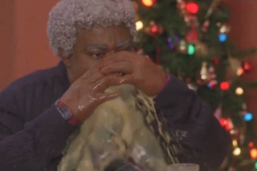 Grandpa Chunk barfing at the dinner table
