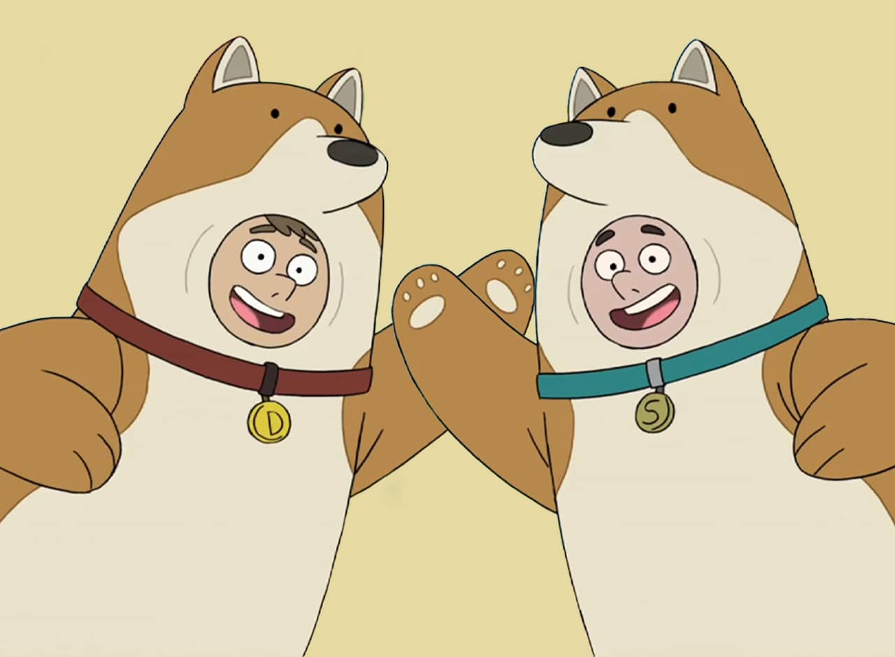 the Corgis: adult men in corgi costumes