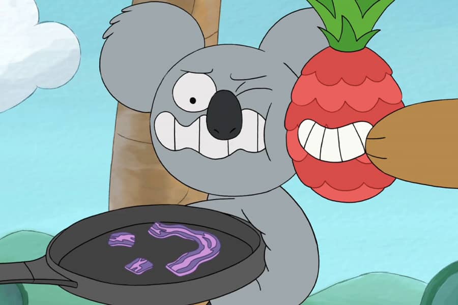 Nom Nom with a red pineapple and pan of purple bacon being shoved in his face