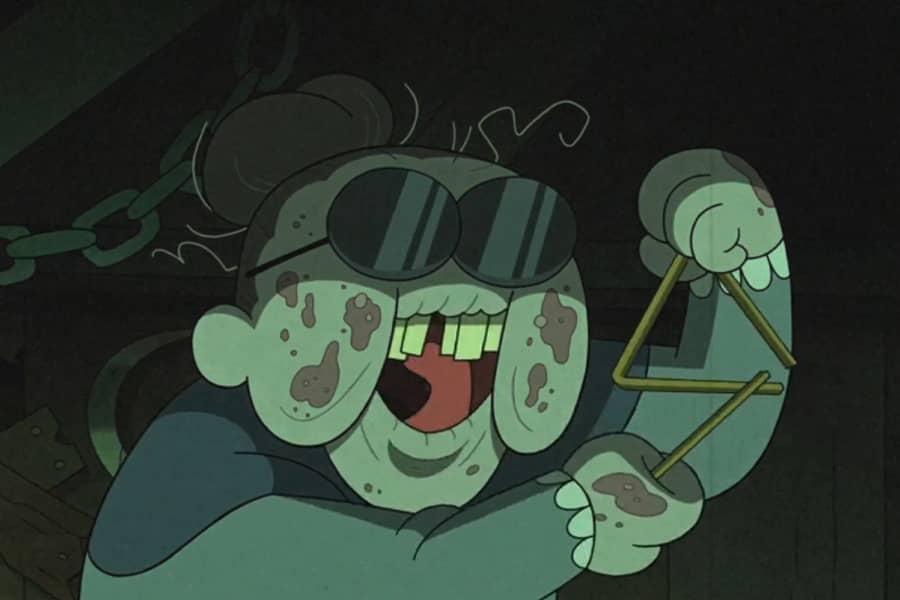 old lazy zombie ringing a dinner bell