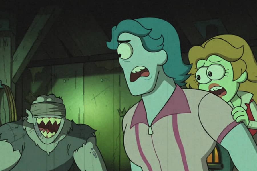 scared man and woman next to a buff, blindfolded zombie with sharp teeth