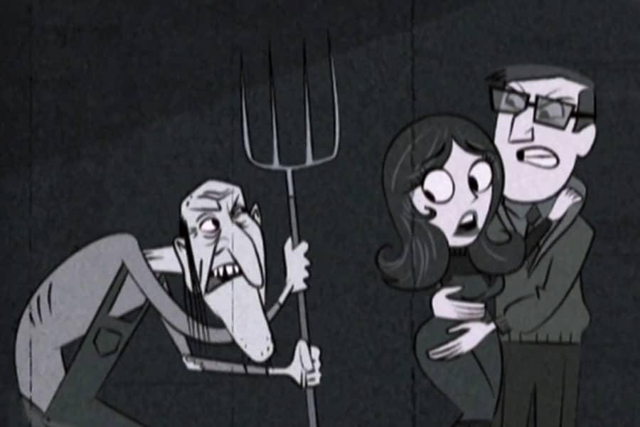 woman holds onto the man as a scary old farmer holds a pitchfork