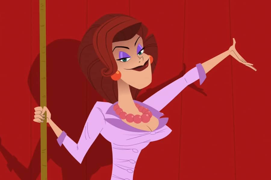 Dee about to pull down a big red curtain