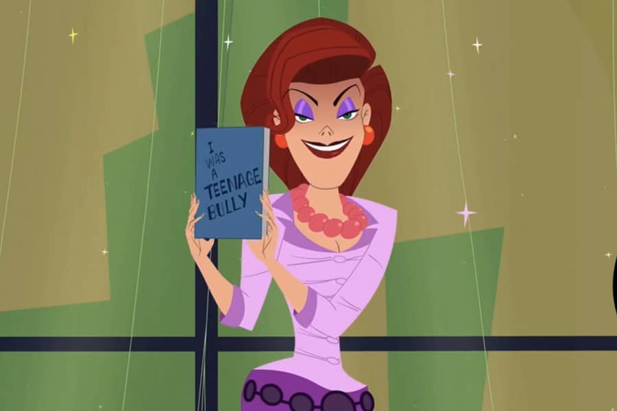 Dee hodling up the book “I Was a Teenage Bully”