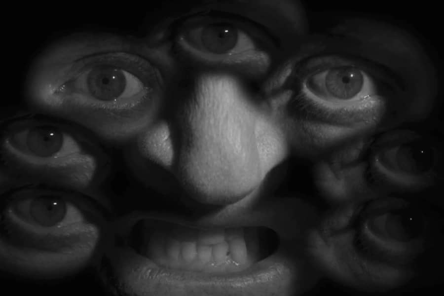 creepy kaleidoscope shot of a nose, mouth, and many eyes