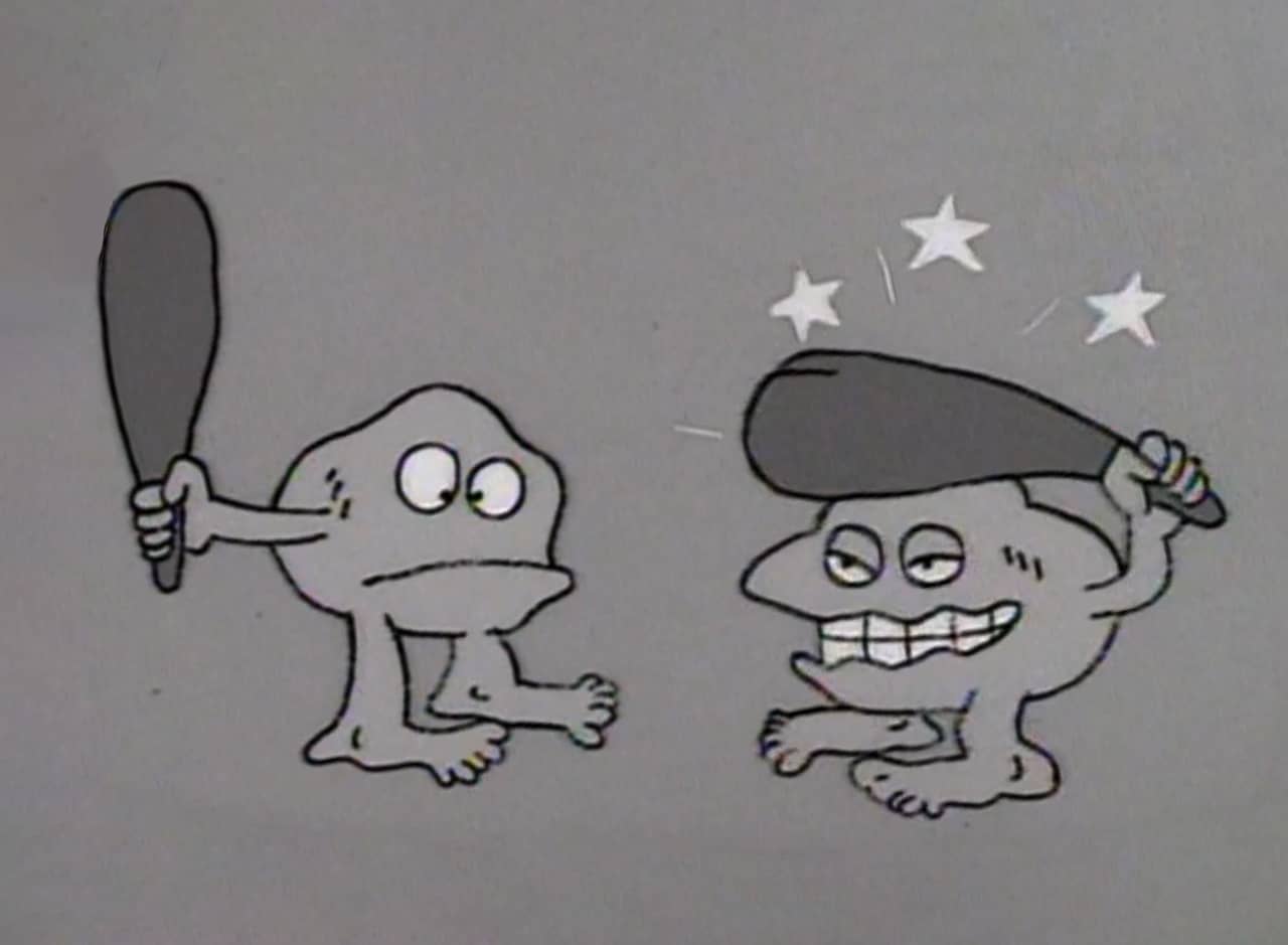 two rocks beating themselves with stone clubs