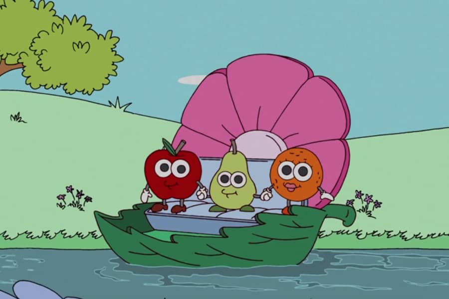 pear holding hands with an apple and an orange