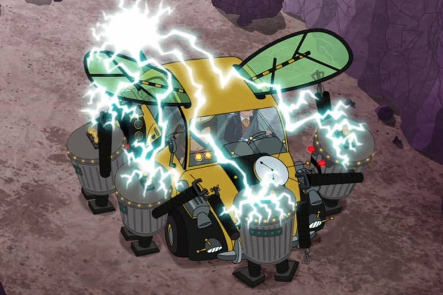 bumble bee car zapping garbage can robots