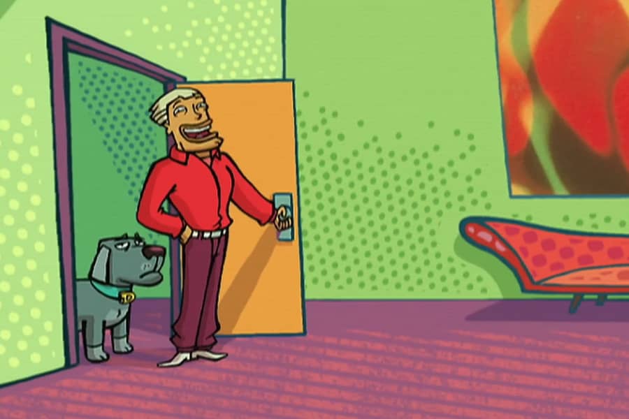 Domber and his pet sitter stand in the doorway