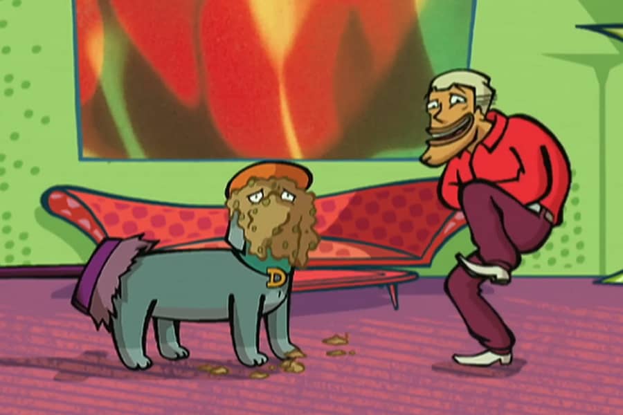 the pet sitter laughing at Domber who has dog food poured all over his face and a broom stuck to his bum
