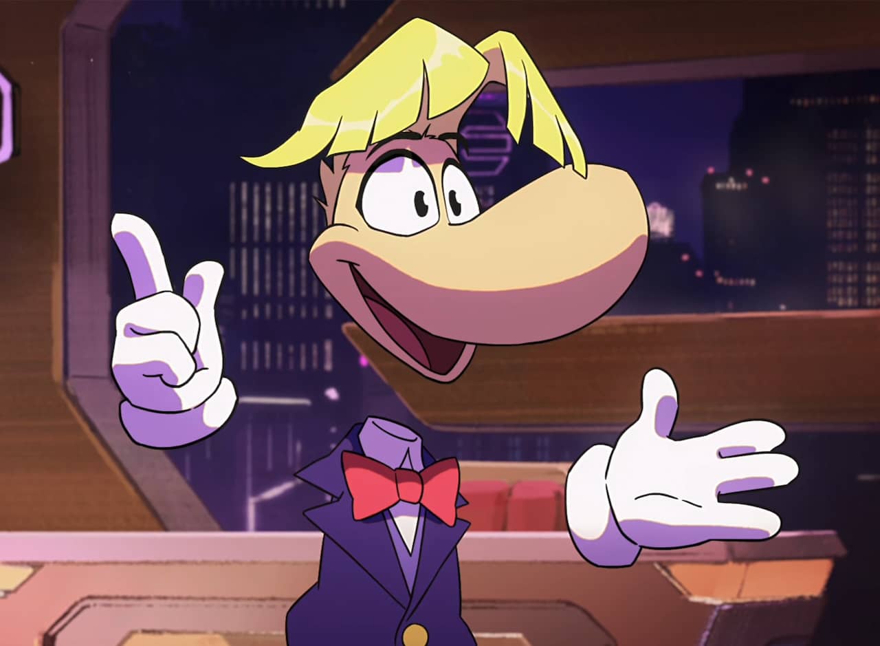 Rayman in a bowtie and on set