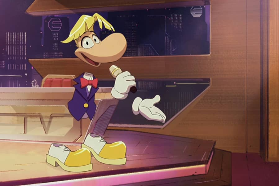 Rayman holding a microphone