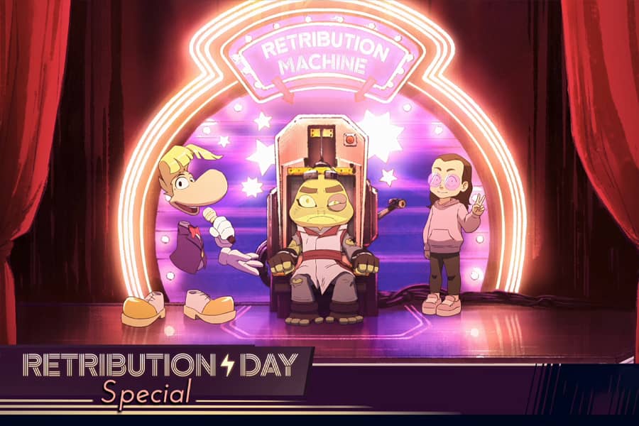 Rayman with a frog guy in the Retribution Machine