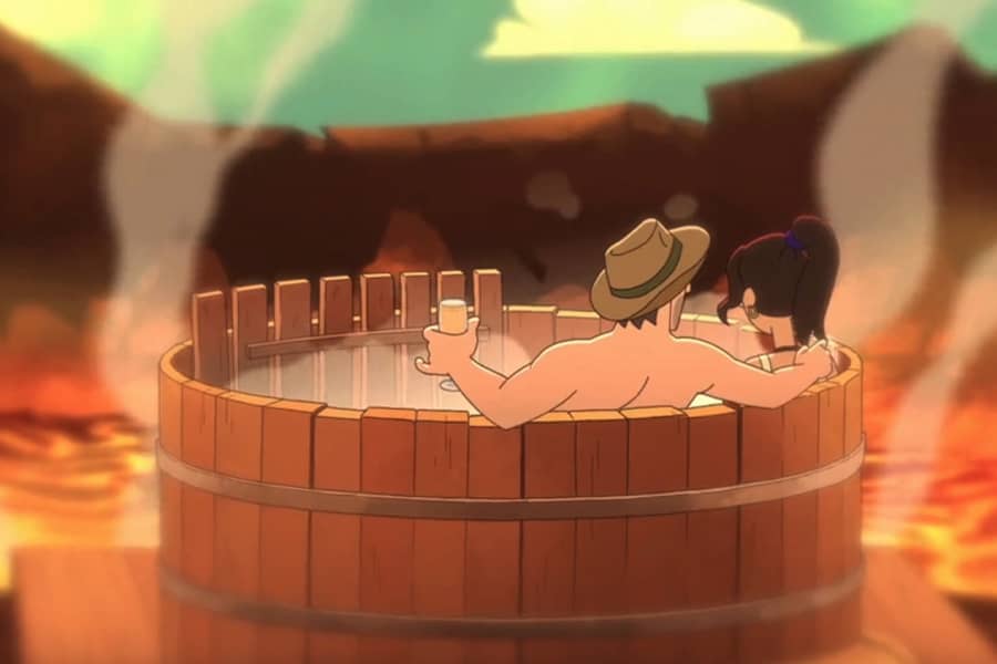 archaeologist in a hot tub with a woman in a lava-filled crater