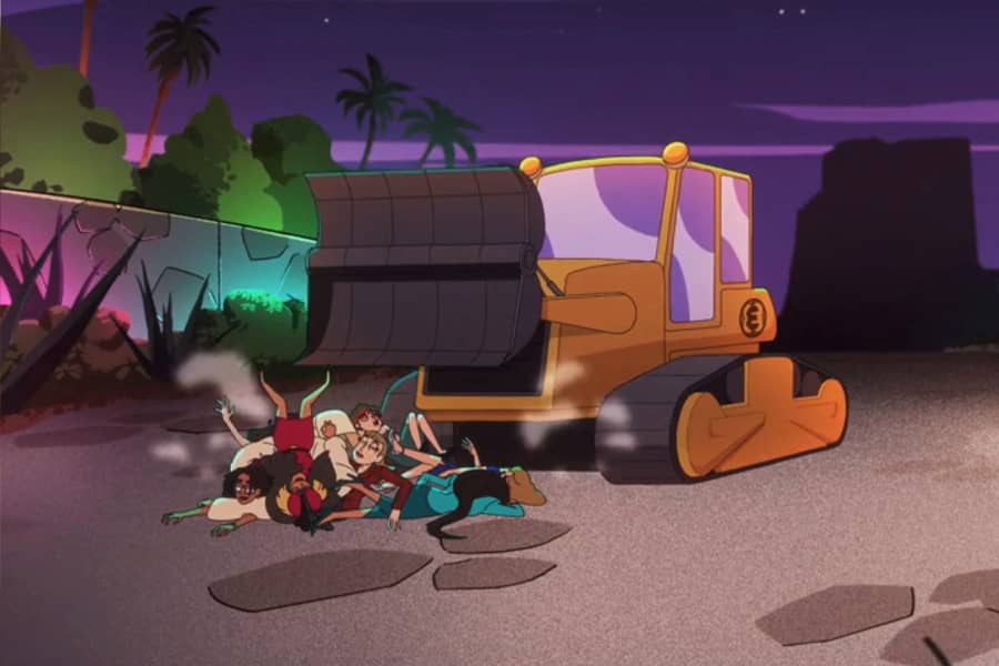 bulldozer dropping women off at the house