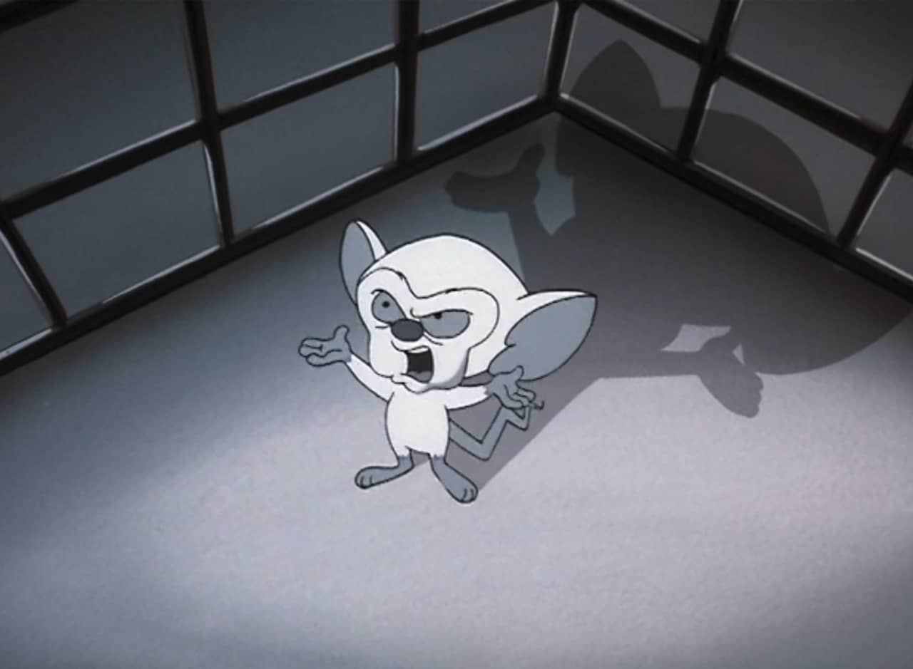 Brain, a mouse in a cage, with his arms raised