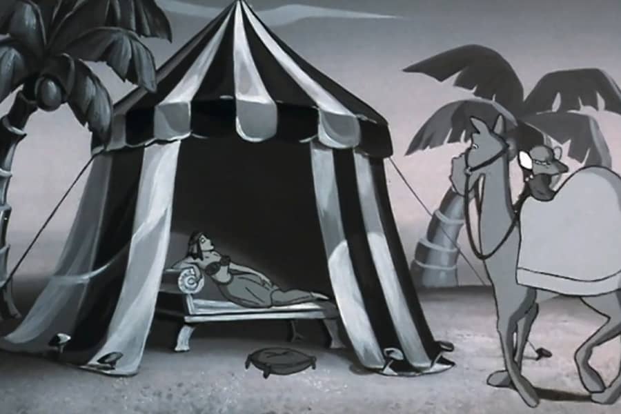 Brain on a camel approaching a tent with a woman lounging on a couch