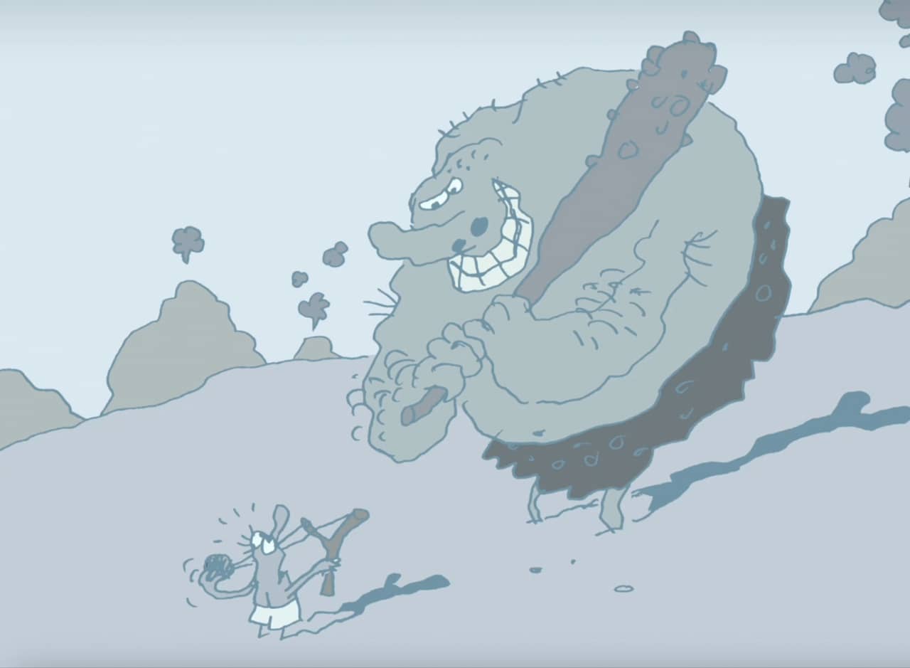 squiggly hand-drawn small David with a slingshot and giant Goliath with a club