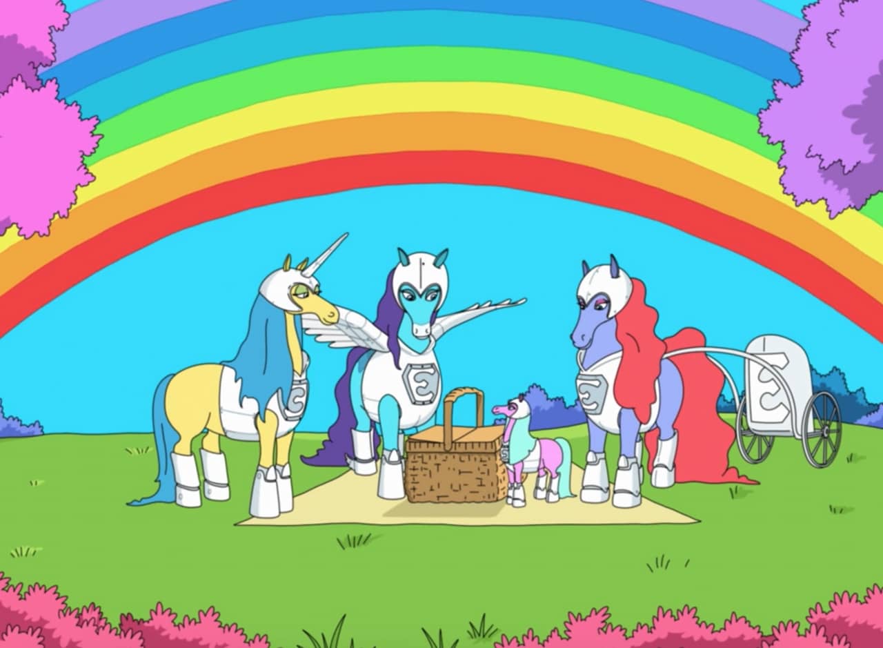 three colorful horses in armor and one tiny horse have a picnic under a rainbow