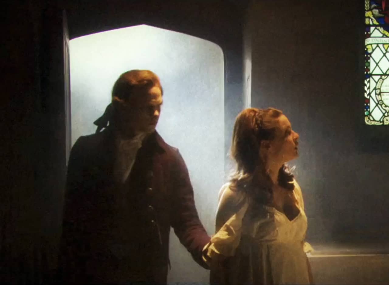 Roderick and his sister enter a dark room with stained glass windows