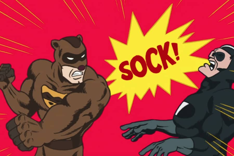 Fearless Ferret punches a skunk villain with a “Sock!”