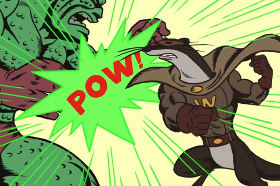 Wonder Weasel punches a green villain with a “Pow!”