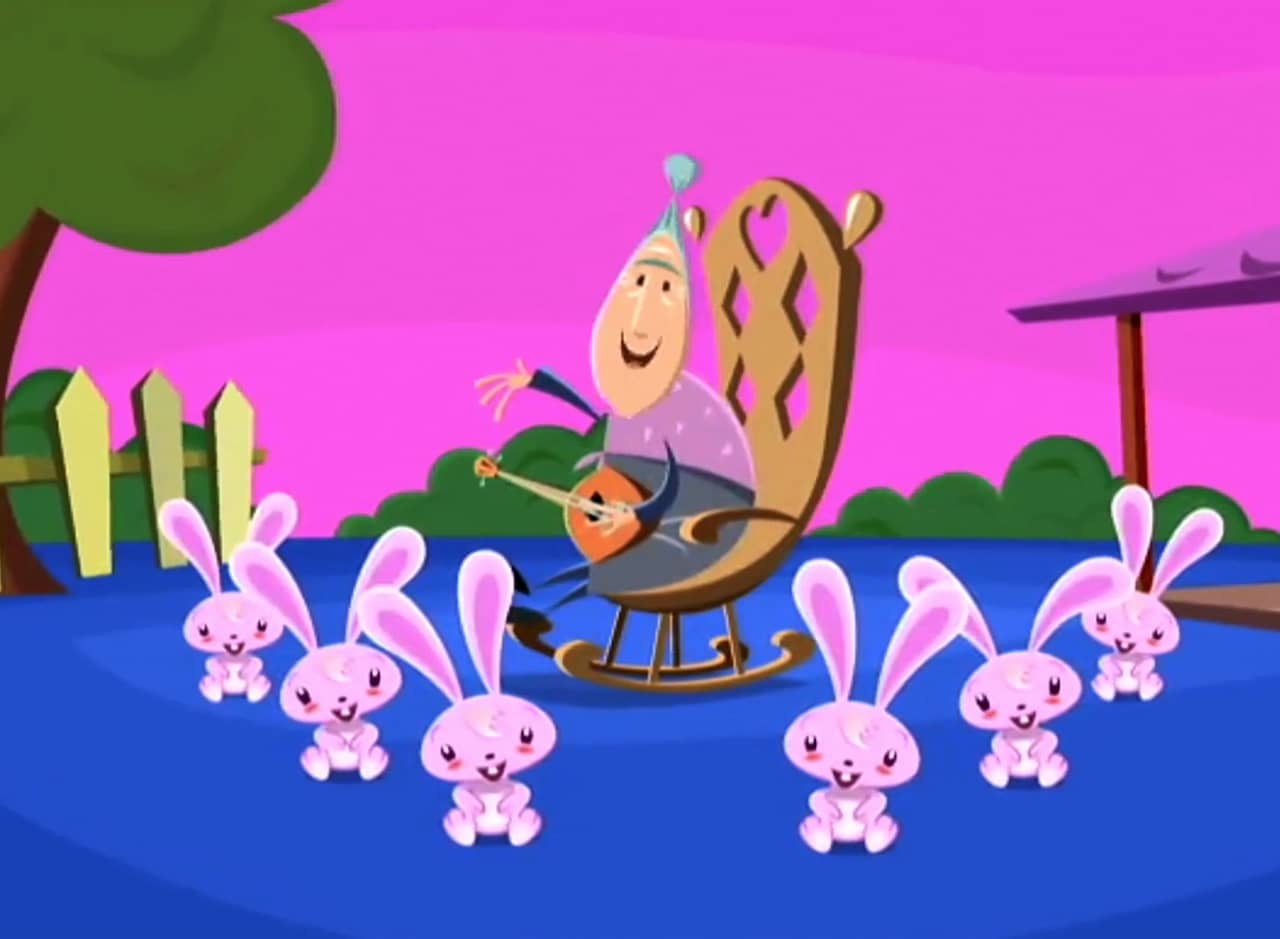 Sweet Little Granny in a rocking chair with six fluffy pink bunnies