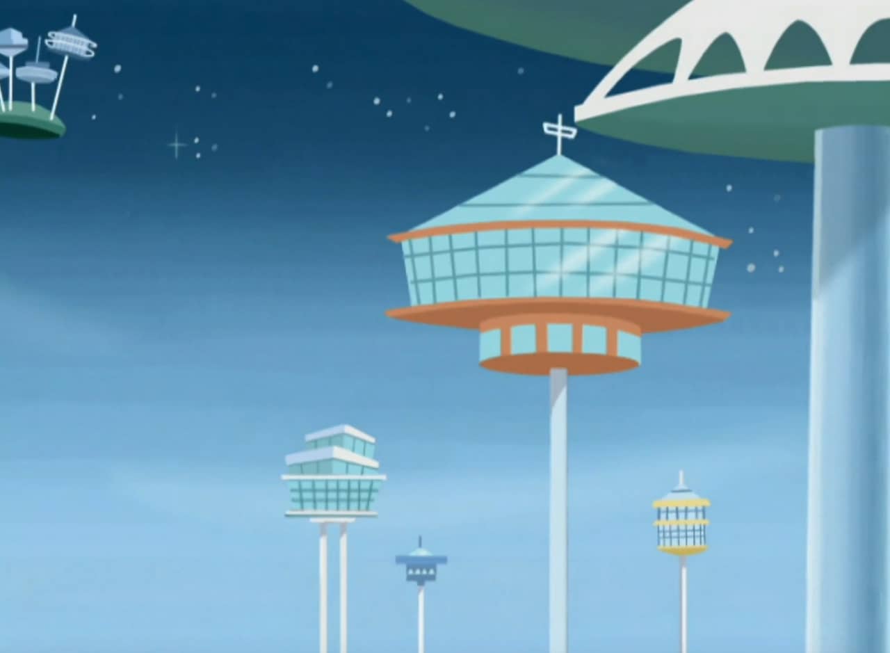 futuristic city buildings on tall poles in the sky