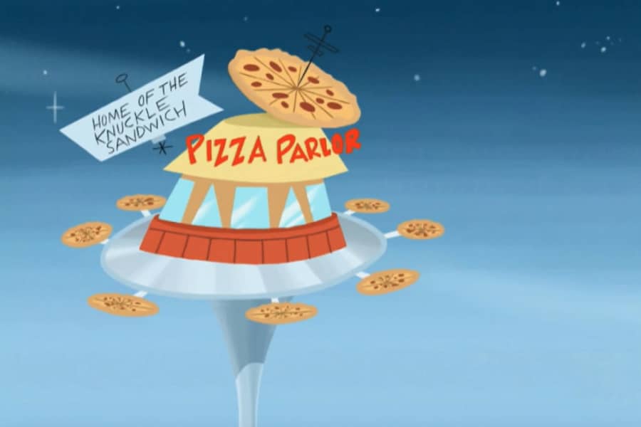futuristic pizza parlor in the sky