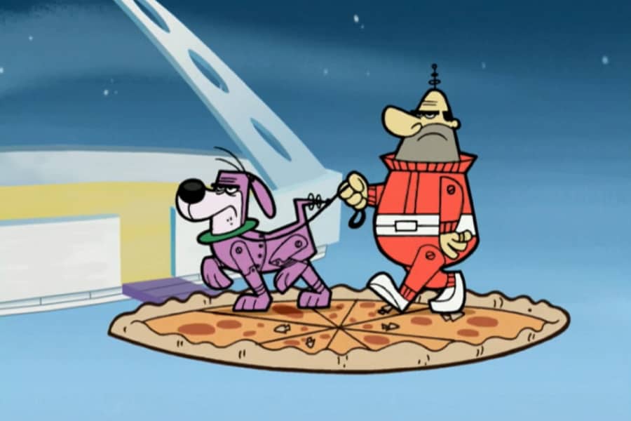grumpy robot man and dog walking on a rotating pizza platform