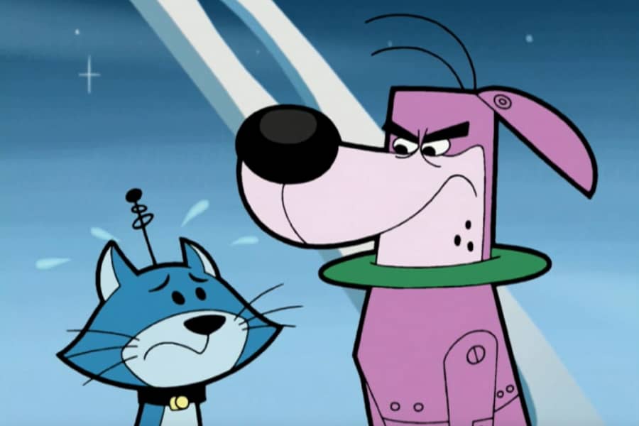 robot dog frowning at sweating robot cat