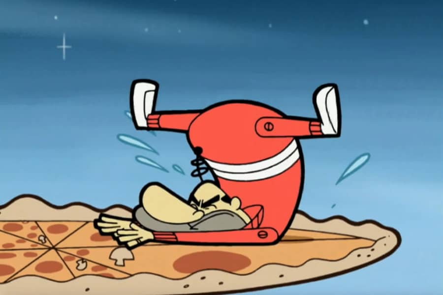 robot man falling down on the pizza platform