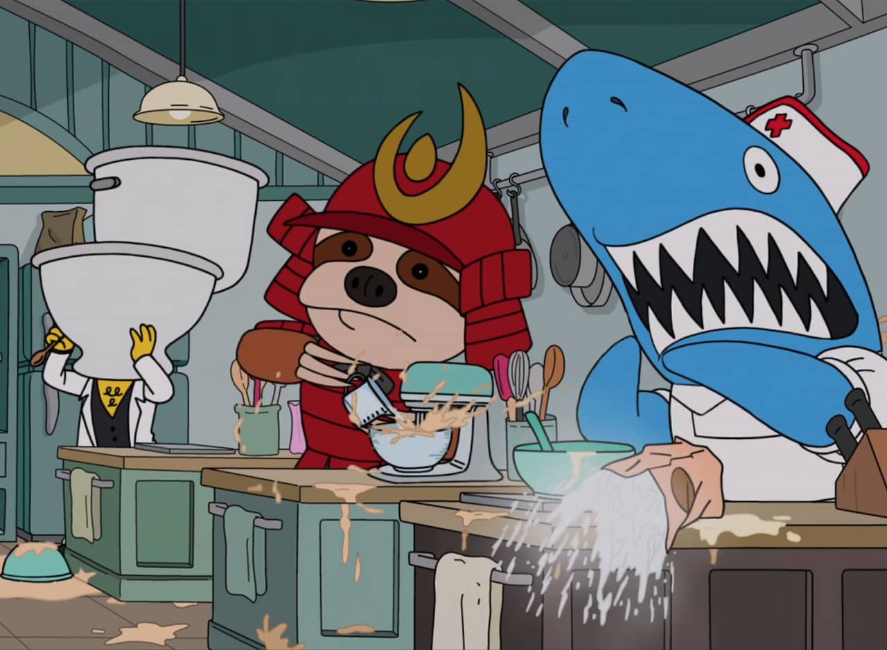 baking set in chaos with three contestants in a shark, samurai red panda, and toilet costumes