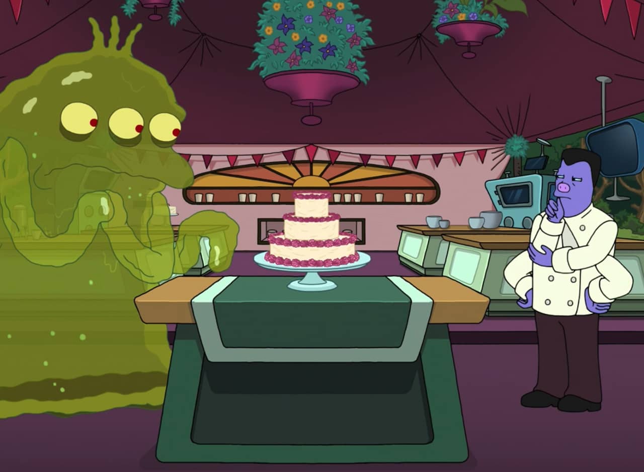 Elzar judges a tiered cake made by H.G. Blob