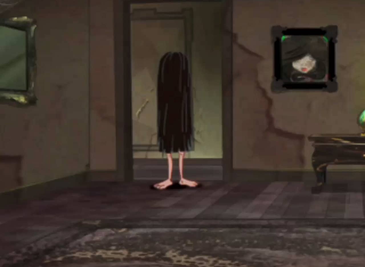 girl with shin-length hair covering her face and body stands in a doorway of an old room