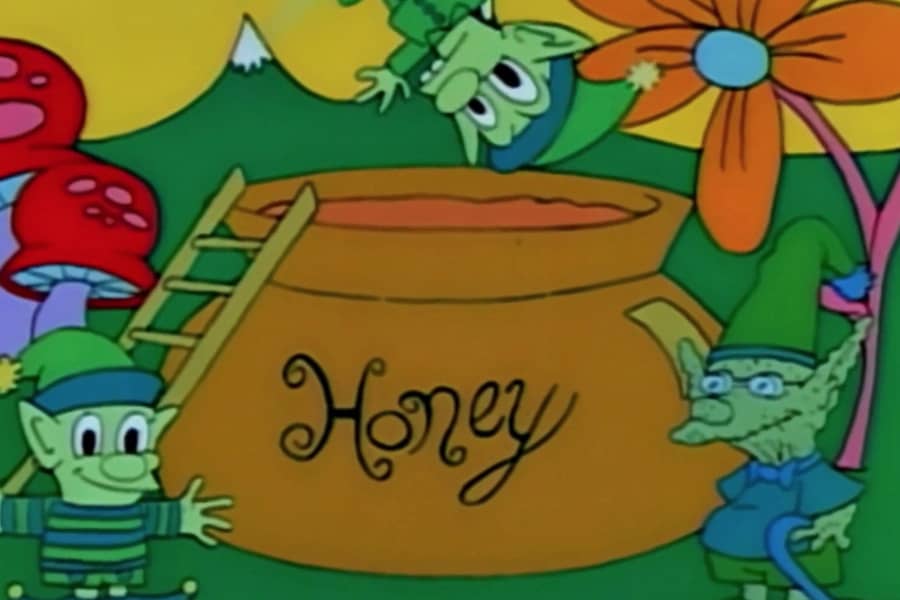 elves use a ladder to climb into a big jar of honey