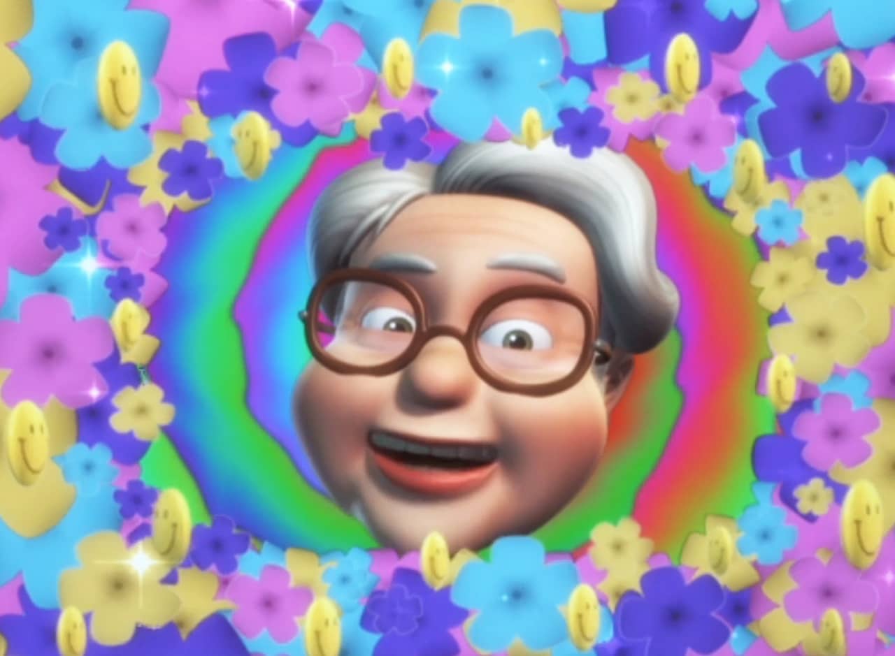 Grandma Taters surrounded by colorful flowers and smiley faces