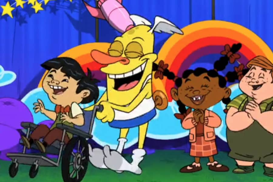 Sockbat pushing the boy in his wheelchair