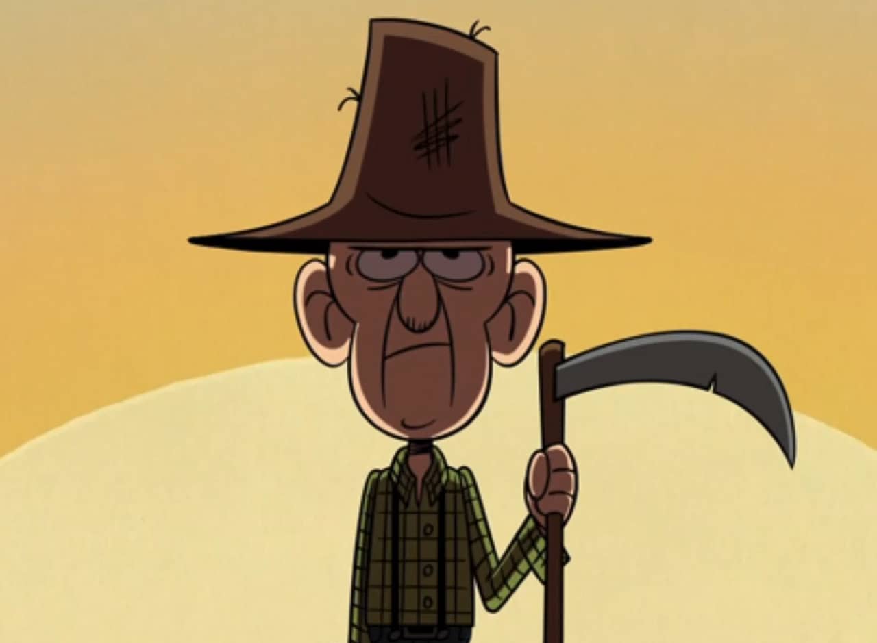 an old farmer wearing a big hat and holding a scythe