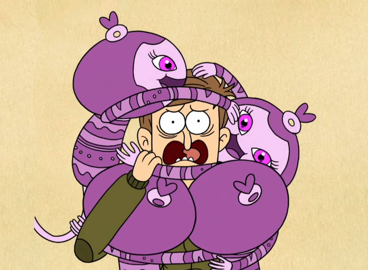 the Huggstables, little purple creatures, smothering a guy