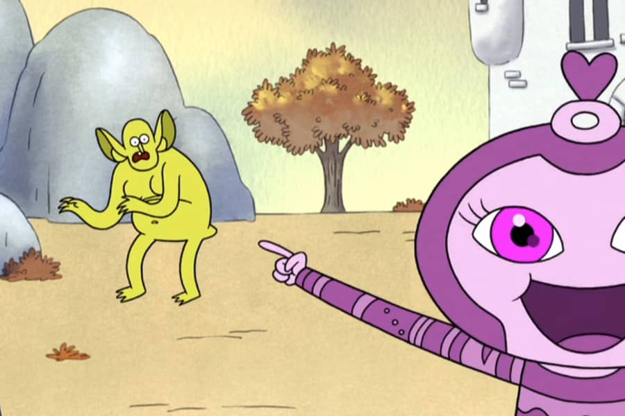 a Huggstable pointing at a yellow creature