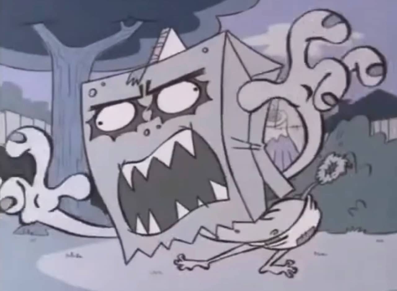 Edasorus, a boy in his underwear wearing a paper bag dinosaur mask