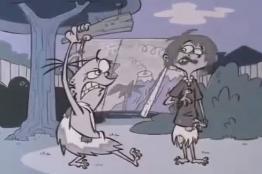 caveman raising the club at a cavewoman
