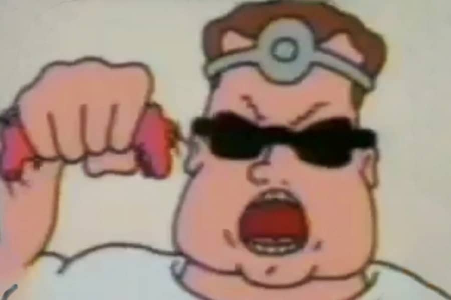 Schwarzenegger flexing with the spleen in his hand
