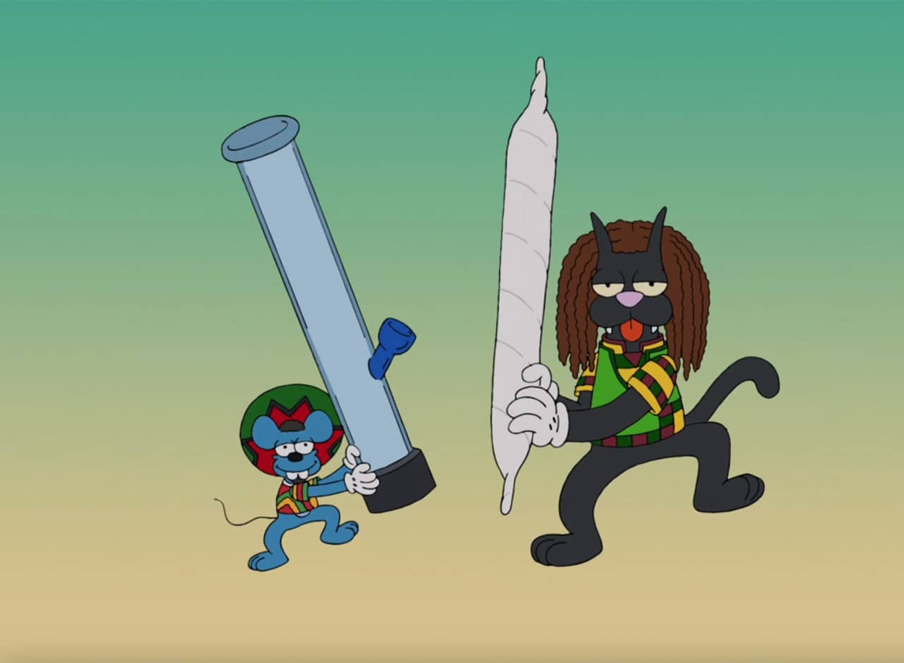 Itchem wearing Jamaican clothing and holding a bong, Scratchem with dreadlocks and holding a blunt