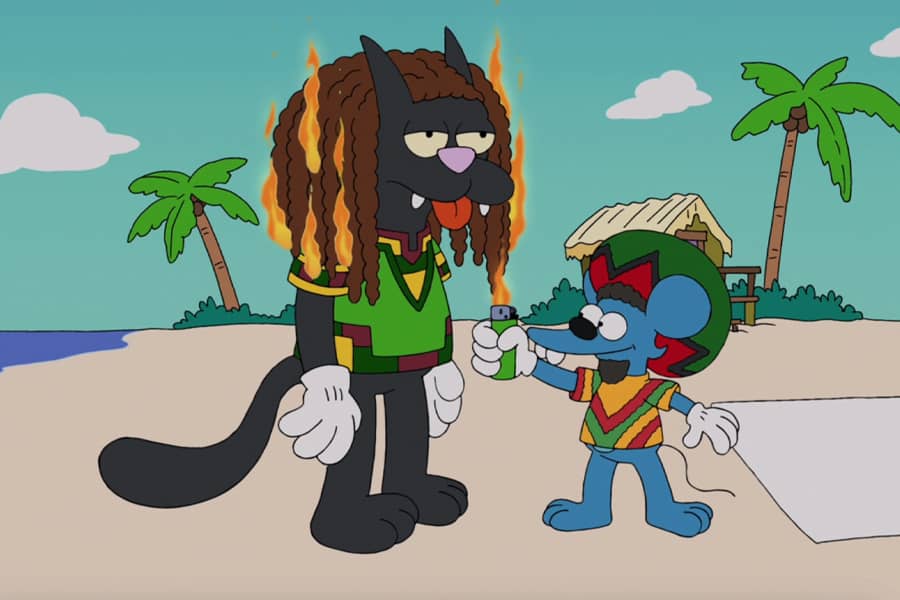 Itchem lighting Scratchem’s dreadlocks on fire