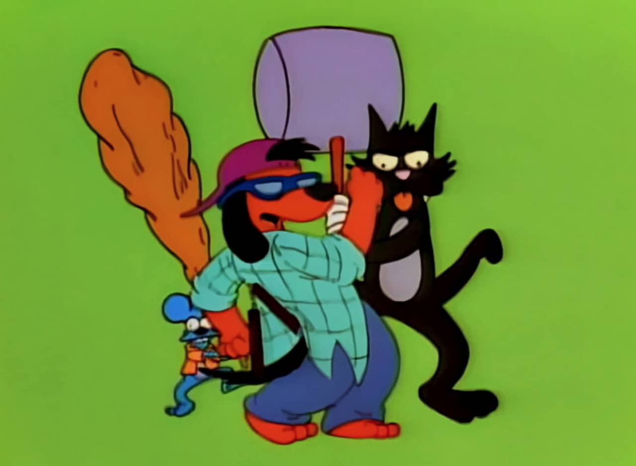 Itchy and Scratchy and Poochie, a dog in a backwards cap